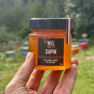 Pot de miel de sapin sombre et onctueux, récolté en France, au goût boisé intense